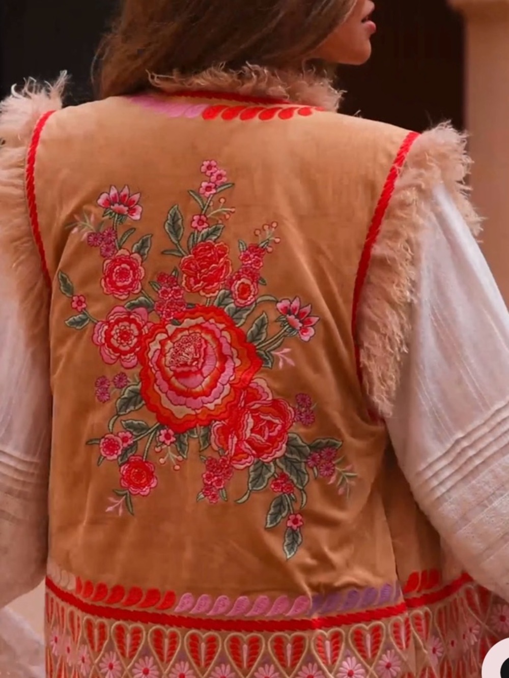 Spell Tan Floral Embroidered Faux Fur Trim Vest - Picture 4 of 9